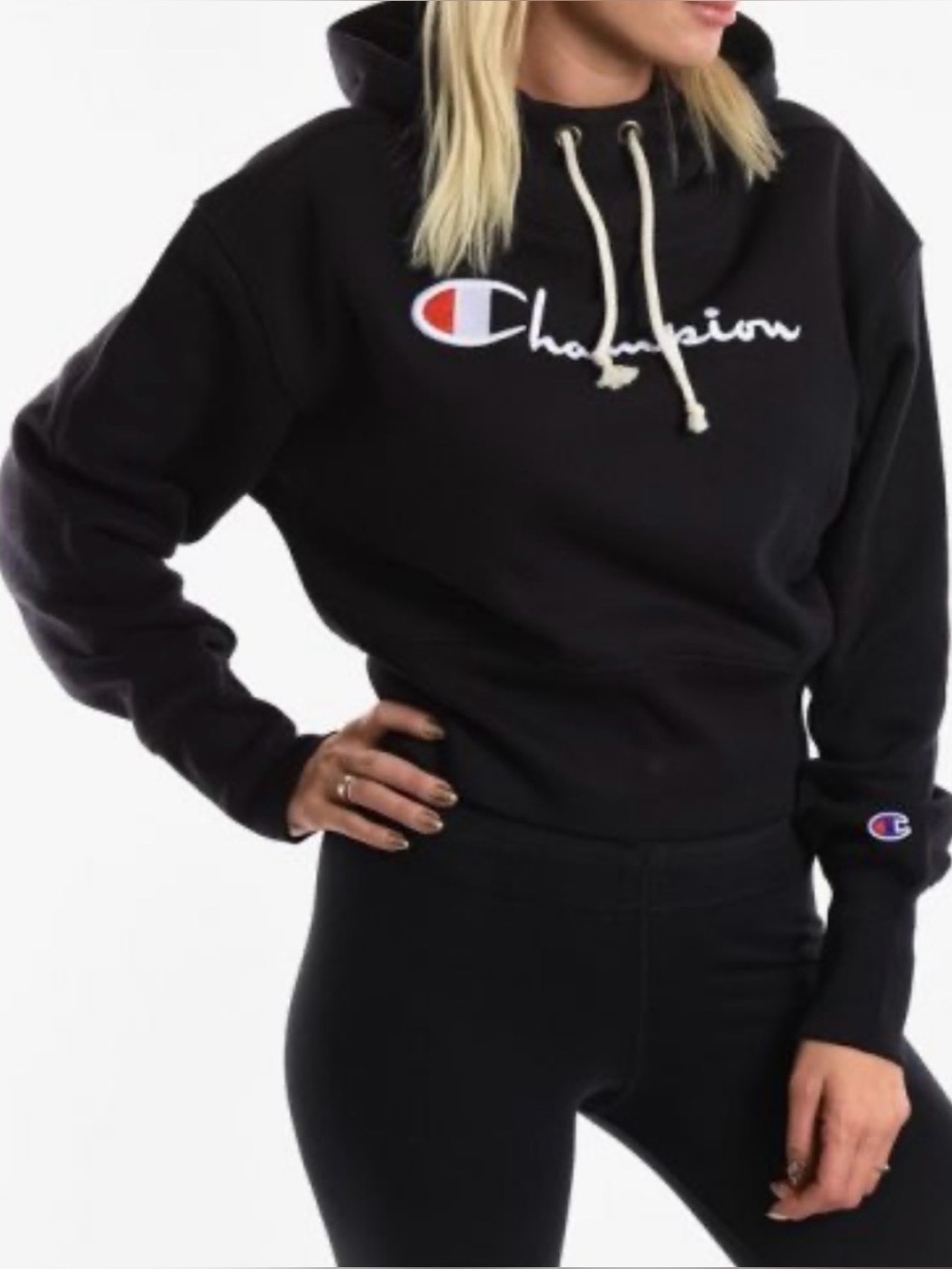 Champion Reversible Weave SP Black Script Logo Pullover Cropped Hoodie Y2K New